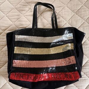 Victoria's Secret Black Sequin Stripe Tote with Multicolor Sequin Accents